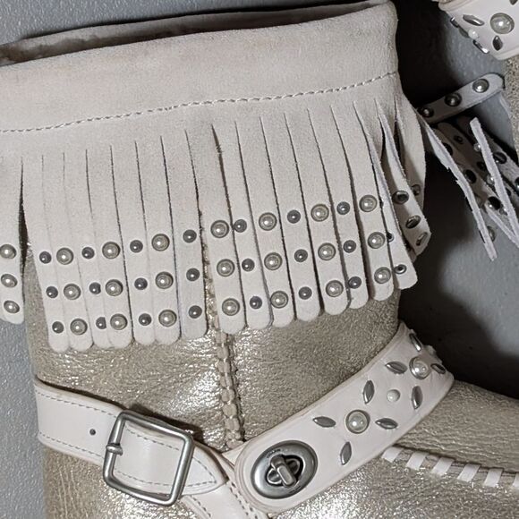 Coach Roccasin Shearling Boot size 6B metallic pearl fringe studded Moccasin - Picture 11 of 12